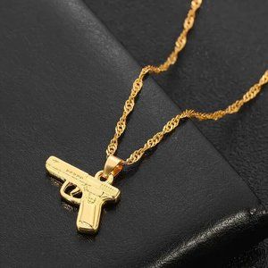 Gold Hip Hop Pistol Handgun Shape Pendant Chain Necklace